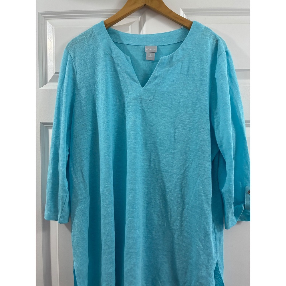 Chicos Womens Size 2 Large Turquoise Blue Linen Blend 3/4 Roll Tab Sleeve Tunic